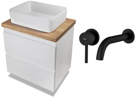 VBChome Mobilier de salle de bain 60 cm blanc avec robinet 48 x 37 cm - Lavabo à poser avec meuble sous-vasque à 2 tiroirs Moduo