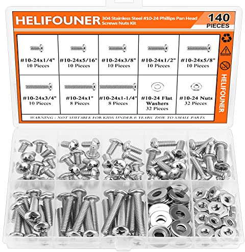 HELIFOUNER 140 Pieces #10-24 Phillips Pan Head Machine Screws Nuts Washers Assortment Kit, Coarse Thread, Fully Machine Threaded, 304 Stainless Steel