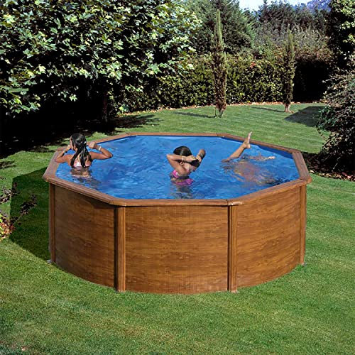 Paradies Pool® Gre Giant rund 460x120cm (Ø x H), Stahlwandbecken Holz, Poolplane in blau 0,4mm, Handlauf extra breit, inkl. Skimmer-Set und Leiter, Swimmingpool, Menge: 1 Stück