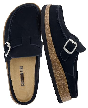 CUSHIONAIRE Hobby Genuine Leather Suede Mule Clogs for Women with Buckle Strap and Cork Footbed, Supportive All-Day Comfort in Womens Shoes, Black 10