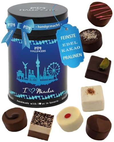 Hallingers Genuss Manufaktur Pralinen Geschenk - ohne Alkohol, handmade aus Confiserie-Edelkakao in wertiger Geschenkdose I love München, Geschenkidee für Frauen Männer