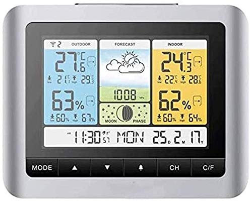 CAFFIA Termómetro al Aire Libre inalámbrico for Exteriores Estación meteorológica Color Grande Habitación Higrómetro Monitor de Temperatura y Humedad con Reloj Despertador, Fase Lunar, luz de Fondo