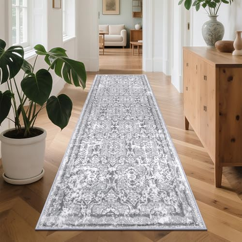 Enyhom Teppich Läufer Flur 75 x 305cm Waschbar Langer Vintage Boho Küchenläufer Hochwertig rutschfest Teppich Küche Flauschig Weich Teppich Läufer für Waschküche Eingang Wohnzimmer, Grau