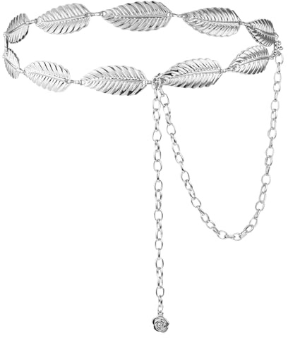 TIESOME Cinturón de cadena de hojas de metal para mujer, ajustable, para novia, boda, hojas, cintura delgada para vestidos decorados, plateado, Talla única