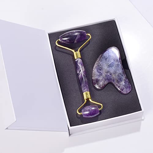 NWPNLXEA Amethyst-, Naturstein-Gesichtsroller, Gua Sha-Werkzeugset, Kratzkristallmassage, 2-teiliges Set Raumdekoration