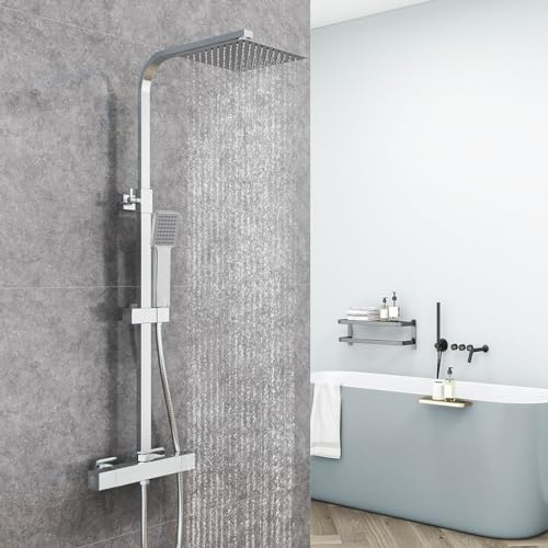 Aica Sanitär Duscharmatur mit Thermostat, Verbrühschutz-Duschsystem, höhenverstellbare Duschsäule 73–117 cm (alle quadratischen Teile, glänzendes Chrom)
