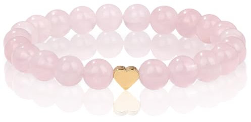 Onperpoe Rosenquarz Armband mit Echt Perlen und Edelstahlherz - Verschiedene Längen Heilstein Kette Rosenquarz Perlen Glücksbringer Armband - Geschenk Spiritueller Schmuck Damen