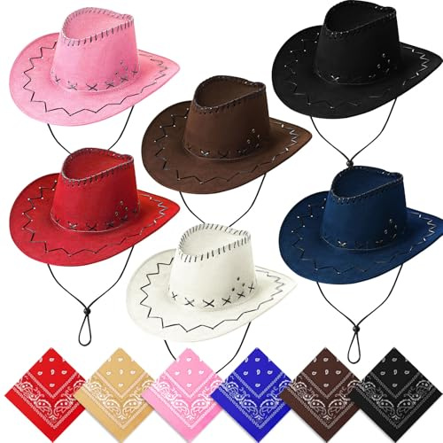 ASMIZ 6 Pack Cowboy Hats and Bandanas Set, Halloween Cowgirl Hat, Felt Cowboy Hat Western Costume for Men Woman Hen Christmas Party Stage
