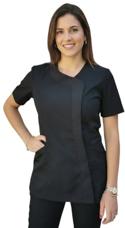 Camice da lavoro donna, casacca estetista, parrucchiera, bottoni automatici, centro estetico, made in Italy (IT, Testo, L, Regular, Regular, Nero)