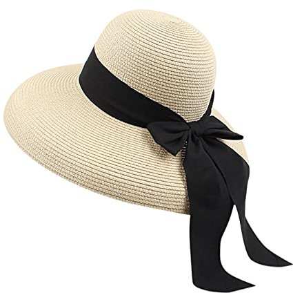 Strandhüte für Damen Mode Elegant Floppy Strohhut mit Bogen Faltbare Sommerhut für Frauen Sonnenhut Strand Breite Krempe UV-Schutz 50 Cap Strandhut Packable Sonnenhut Strandkappe Panamahüte für Damen