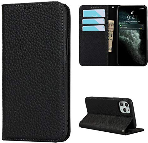 CAVOR Handyhülle kompatibel mit iPhone 11 Pro Hülle,Flip Echtleder Geldbörse Handyhülle,[4 Kartenfächer][Magnetisch][Mit Lanyard],Klapphülle kompatibel mit iPhone 11 Pro - Schwarz
