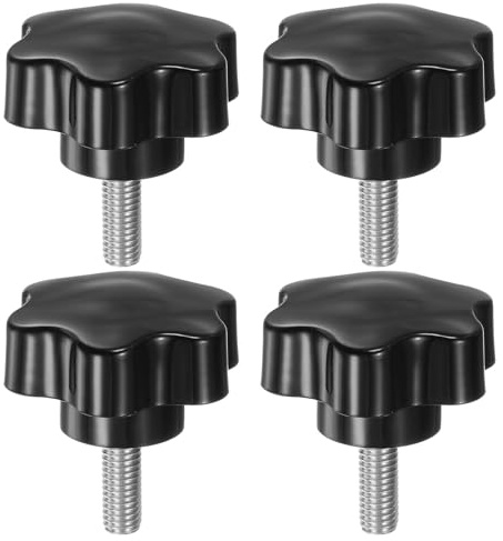 sourcing map 4pcs Star Knobs M8 x 20mm 304 Stainless Steel Threaded Stud 46mm Plastic 6-Star Head Hand Tightening Thumb Screw Clamping Jig Knob Handle, Black