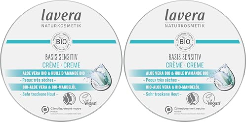 lavera Basis Sensitiv Creme – Naturkosmetik – vegan – Bio-Aloe Vera & Bio-Mandelöl – zertifiziert – 150 ml (Packung mit 2)