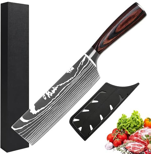 Camkum Nakiri Messer 7 Zoll, Kochmesser aus EN1.4116 Edelstahl, Japanisches Messer Chef Knife Küchenmesser mit Scheide, in Geschenkbox