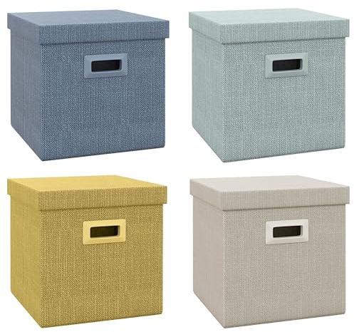 HOMCOM Set di 4 Scatole per Armadi in Tessuto con Coperchio, Organizer per Armadi Pieghevoli 30x30x29cm, Blu, Crema, Verde e Grigio Chiaro