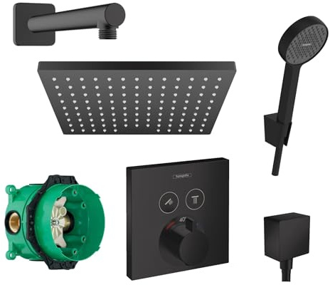 Hansgrohe Duschsystem Unterputz mit Duscharmatur Hansgrohe schwarz HGSK05 | Duscharmatur von Hansgrohe Shower Select Thermostat Armatur und Hansgrohe Regendusche Duschkopf eckig, Dusch-SET schwarz