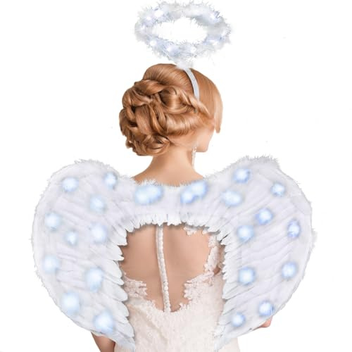 Ptesuply Engelsflügel, Beleuchtete Weiß Engelsflügel und Heiligenschein mit LED Lichter-3 Licht Modi, Engel Kostüm für Karneval, Halloween, Maskerade, Weihnachten
