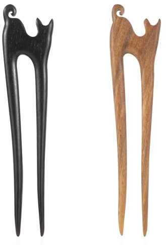 FloralGrace 2 Stück U förmige Haarstäbchen Holz, Handgefertigte Französische Haargabeln Mit Niedlichem Katzen Design, 2 Zinkige Vintage Holz Haarnadeln (Schwarz+Braun)