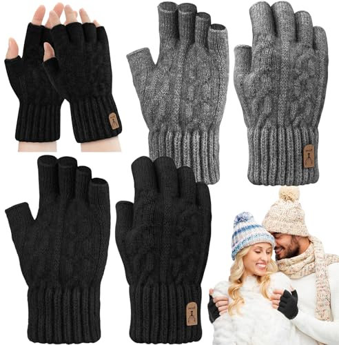 Mount Kumgang 2 Paar Strick Fingerlose Handschuhe Warme Handschuhe Ohne Finger Handschuhe ohne Fingerkuppen Handschuhe Fingerlos für Herren und Damen Laufen Radfahren Outdoor (Schwarz/Grau)