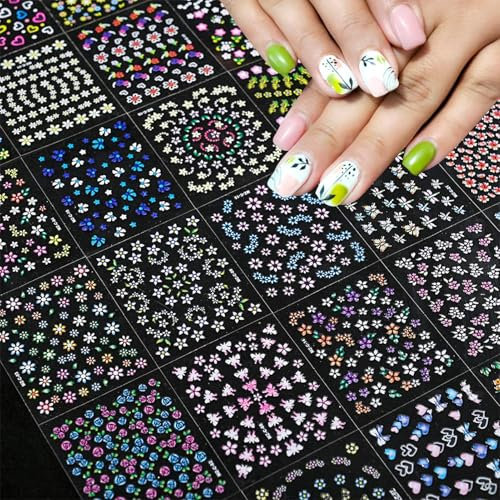 30 Blatt Blumen Nagelsticker,Aufkleber nägel, 3D-selbstklebende bunte Blumen Nagelaufkleber,Nagelsticker kinder, Fingernägel aufkleber für Kinder, Mädchen, Frauen, Maniküre, DIY