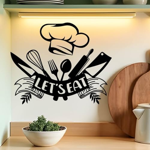 SUPERDANT Wandtattoo Let'S Eat Wandsticker Mit Besteck Wandaufkleber Küche Dekor Schwarz Let'S Eat Wall Sticker Vinyl Wandsticker Für Zuhause Küche Esszimmer Wanddekoration