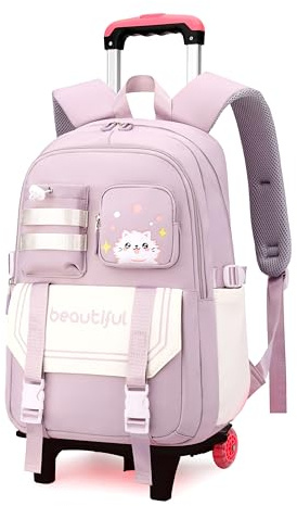 ETAISHOW Cat Print Rolling Backpack for Girls Kids Backpack with Wheels Roller Bookbag Trolley School Bag Wheeled Bag, 2 Wheels Purple A1, 2 Wheels, 2 Wheels
