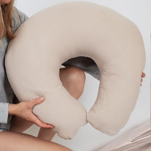 PaLulli® Musselin Stillkissen Stillkissenbezug aus 100% Musselin Baumwolle - Stillkissen für Baby, Stillhörnchen Baby, Stillkissen Atmungsaktiv & Waschbar, Stillkissen (Beige)