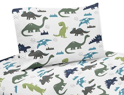 Sweet Jojo Designs 4-Piece Full Size Sheets Set (Blue Green Dinosaur) for Boys, Kids, Childrens, Breathable Bedding incl. Bed Flat Fitted Sheet & Pillow Cases (Modern Dino, Dinosaurs Theme, T-Trex)