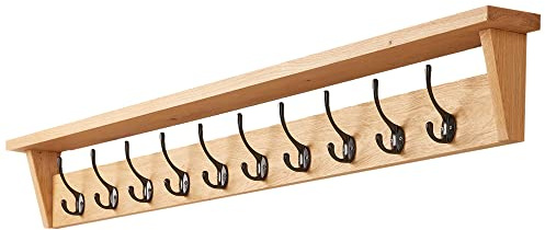 Fox & Grain Solid Oak Coat Rack with Shelf and 10 Double Hooks