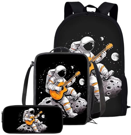 Renewold Astronaut Paly The Guitar Boy's Backpack Set for Children Ajustable Daypack for Travel Lightweight 17 Inch School Outdoor Bundle with Lunch Pouch & Stationery Daypack
