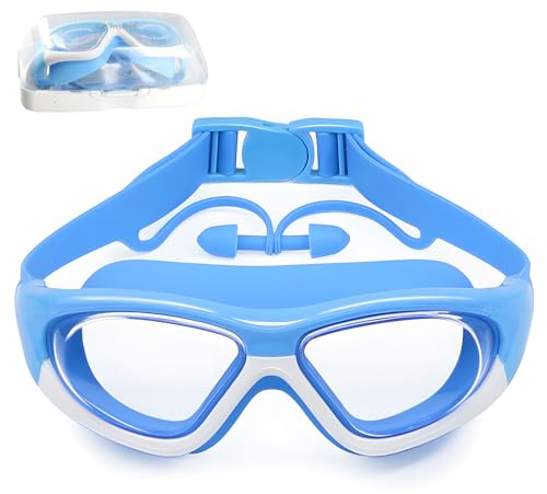 Qwrqwr Kids Swimming Goggles UV-Resistant No-Leaking Swim Glasses Adjustable for Boys Girls 6-14 Anti-Fog Toddler Goggle (Sky Blue)