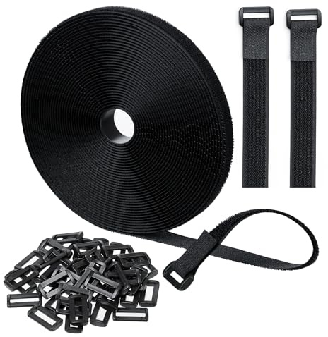 Vatiyszk 10m Adjustable Cable Straps with 50 Buckles, Reusable Fastening Cable Ties, Free Cut Length, Black Hook and Loop Cinch Straps for Cable Tidy, Wire Management, Cord Organiser, 2cm Wide