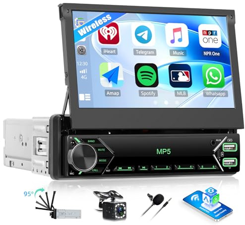 OiLiehu Single Din Touchscreen Car Stereo with Wireless CarPlay Android Auto, 7'' Flip Out Car Screen with Bluetooth, Mirror Link, FM Radio, EQ, SWC, AUX-IN, 2 USB, Type-C, Backup Camera, MIC