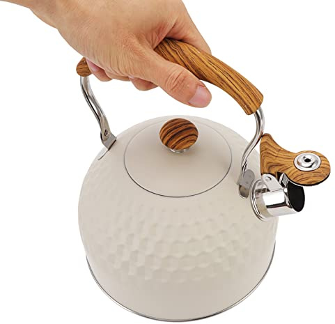 Bouilloire sifflante RockVOQRN en acier inoxydable, poignée isolante efficace pour faire bouillir de l'eau, blanche, capacité de 2,5 L