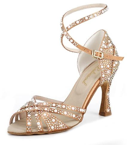 Latinsoul Y205-36 Women's Crystal Rhinestone Latin Dance High Heel Shoes - Stylish Adjustable Strap Design Comfortable Dance Shoes Colour Tan,Size 10.5 B(M) US/42 EU