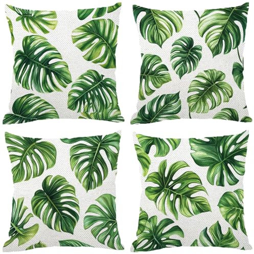 Fodere Cuscini da Esterno Impermeabili, Foglie Federe Cuscini Divano 70x70 Quadrate Set di 4, Doppia Faccia Stampa Lino Cushion Covers Verde Cerniera Invisibile per Aesthetic Room Decor, Regalo Z-855