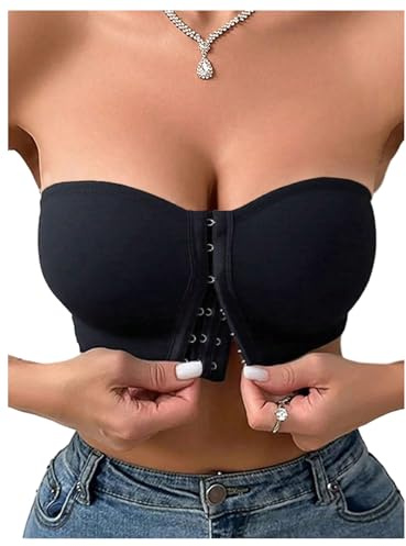 GORGLITTER Women's Front Fastening Strapless Bandeau Bras Wireless Seamless Padded Comfy Everyday Bralettes Black L