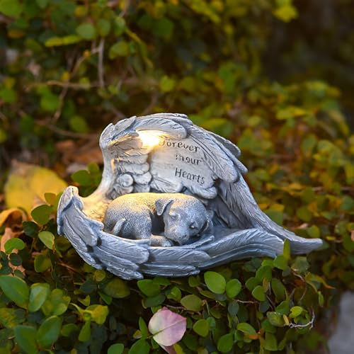 Tuzsocr Grabstein Katze Engel mit Solar LED, wetterfest, Grabschmuck, Hund | LED-Licht leuchtet automatisch bei Dunkelheit, wetterfest für Garten und Friedhof, würdevolles Gedenken an das Haustier