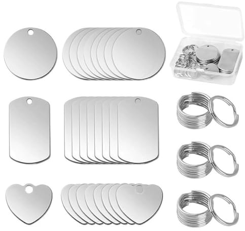pclapora 24 Stück Edelstahl Anhänger Blanko, Rohlinge Hundemarke, Schlüsselanhänger Rohlinge, Runde Rechteckige Herzförmige Leere Anhänger Schlüsselanhänger, Gravur rohlinge, Tags Diy Making Kit