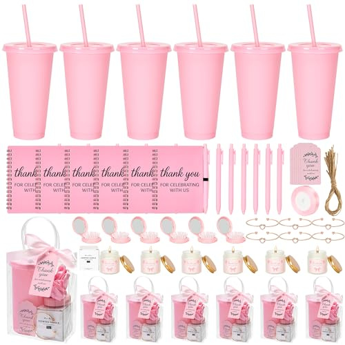 68 premios para baby shower, 6 juegos de regalos para los ganadores del juego, incluyendo vaso de plástico, cuaderno, velas perfumadas, espejos con cepillos para el pelo, pulsera, bolsa de regalo para