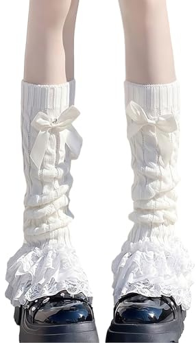 Chauffe-jambes avec nœud en dentelle - Pour femme - Hiver - Crochet - Jambières - Chaussettes hautes - Blanc - Accessoire de fête Lolita