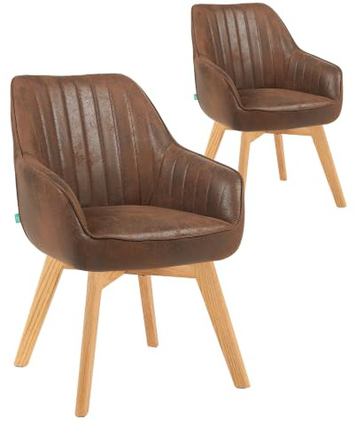 DUBI Möbel Esszimmerstühle 2er Set 360° drehbar mit Taschenfederkern, hoher Sitzkomfort, bis 150 kg belastbar, Wildlederoptik Braun, Massivholzgestell aus Eiche, klassisches Design, Modell Mika-Jara
