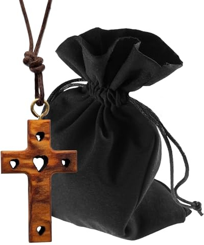 Lunexus Collier croix en bois d'olivier avec symbole de cœur - Fait à la main Bethléem - Pendentif chrétien béni avec certificat - Cordon avec trois nœuds Trinité avec ruban de 80 cm et pochette en