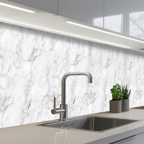 KitchenYeah© Paraschizzi Cucina Adesivo Pannello Parete Paraspruzzi | 60x400 cm - Piano Cottura Classico - Marmo - Venature - Grigio