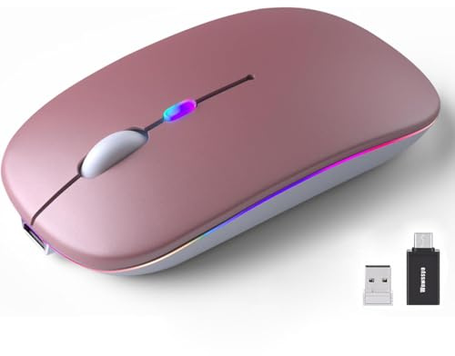 Wowssyo Souris sans fil 2,4 GHz USB sans fil Bluetooth 1600 DPI suivi optique rechargeable LED double mode pour ordinateur portable, PC, iOS, Android, iPad, Windows - Rose