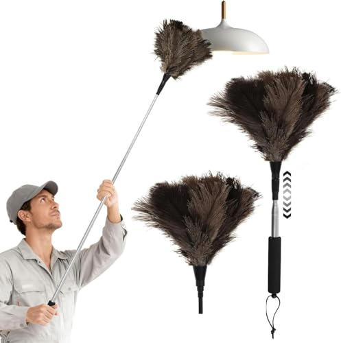 KTCINA Extendable Ostrich Feather Duster, 21 to 51 Inches Adjustable Ostrich Feather Duster with 2 Replacement Heads & Stainless Steel Pole Dusters for Cleaning Ceilings Lights, Fan, Blinds, Furniture