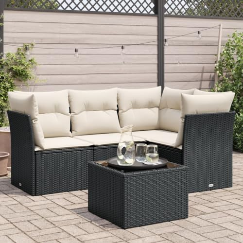 QJBSAVVA 5-TLG. Gartenmöbel Set Schwarz 62x62x69 cm, Poly Rattan Lounge Sitzgruppe mit Tisch & dicken Kissen, modular & platzsparend, UV-beständig, für Balkon, Terrasse und Garten