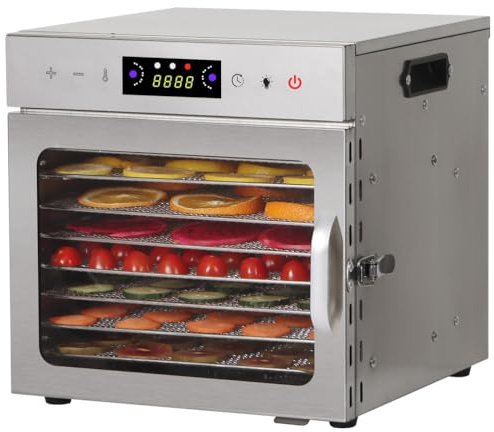 SJASD Essiccatore in Acciaio Inox con 6/8/12/18 Griglie in Acciaio Inox,400 W, regolatore di Temperatura da 30 – 90 con Timer da 0,5 – 24 Ore, per Verdure Frutta Carne Fiori,8 Trays