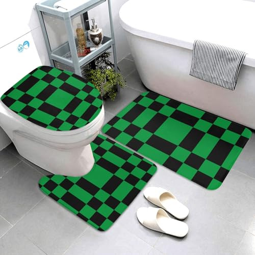 Nevjipu Set di 3 tappeti da bagno con stampa a scacchi neri e verdi, assorbenti e lavabili, a forma di U, morbidi tappetini da doccia per WC e vasca da bagno