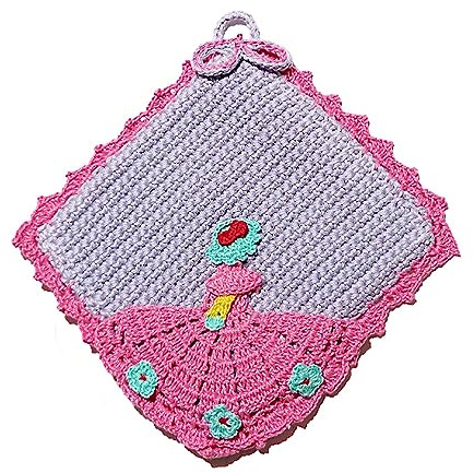 Presina Lilla con Damina Rosa ad Uncinetto 19x20 cm, in Cotone, Protezione Calore Cucina, Idea Regalo Mamma e Nonna (55PRS)
